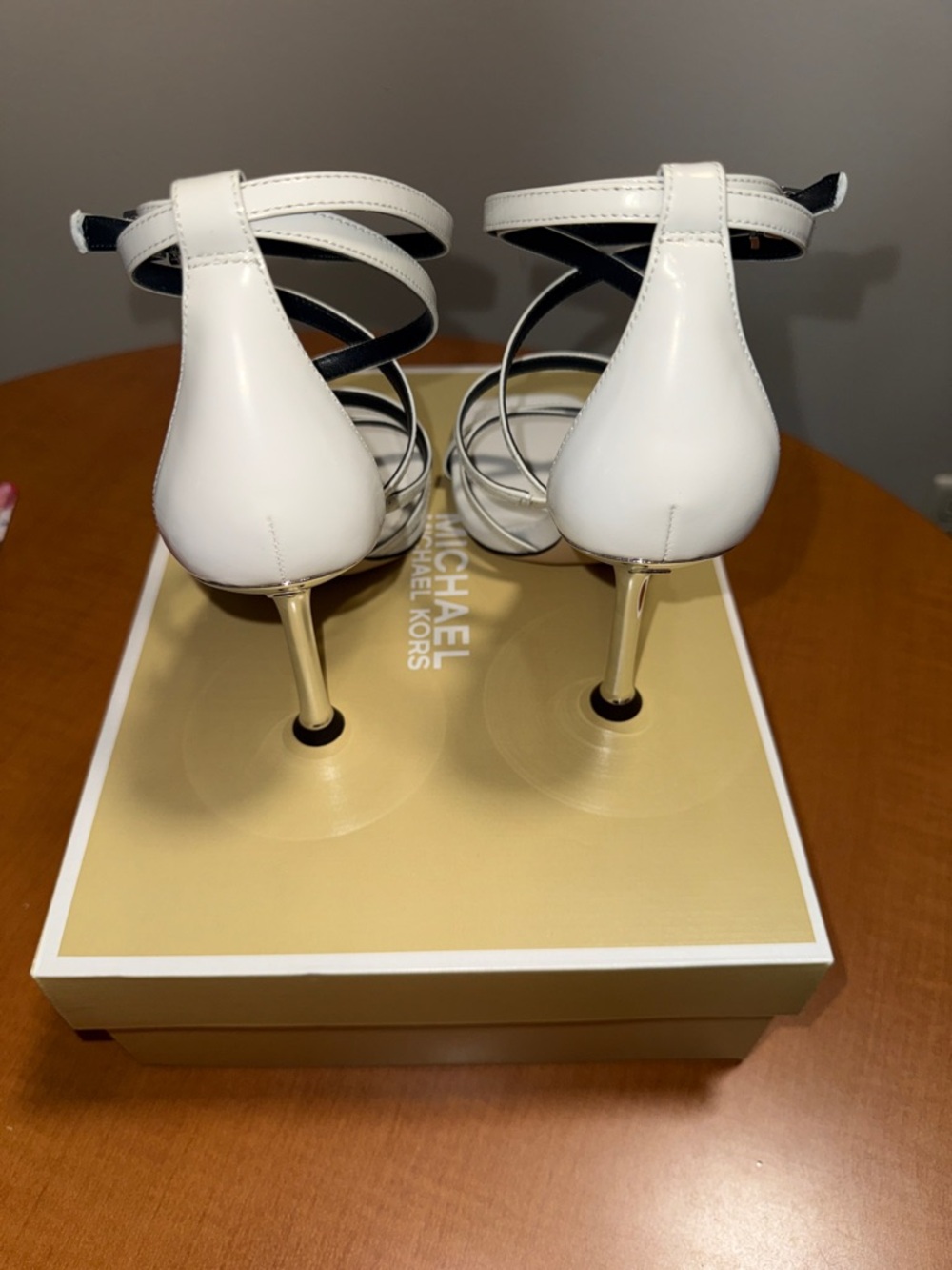 Michael Kors White Imani Strappy Square-Toe Heeled Sandals Patent Leather - Picture 4 of 5